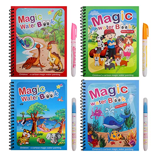 Wassermalbücher, 4 Stück Magisches Malbücher Set, Wiederverwendbares Doodle Buch Magie Wasser Zeichenbuch und Stifte Set Durchschlagbuch für Kinder Reiseaktivitäten Bildung Kleinkinder Geschenk von GLAITC