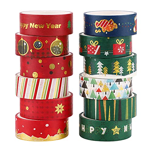 Weihnachts Washi Klebeband,12 Rollen Goldfolie Washi-Klebeband Dekoratives Selbstklebendes Klebeband Weihnachts Japanisches Washi Klebeband für Weihnachtsdekorationen, Geschenkverpackung, 15mm x 3m von GLAITC