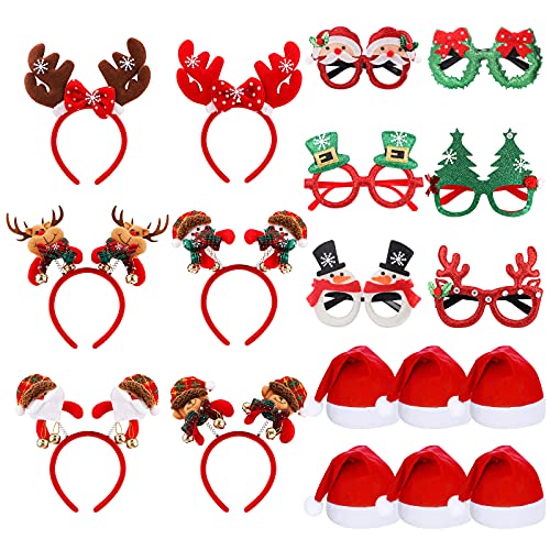 Weihnachtsfeier Brillen Set,6 Stück Weihnachtsstirnband und 6 Stück Weihnachtsmütze und 6 Stück Weihnachts Neuheit Brille Weihnachtsfest Set für Kinder Erwachsene für Weihnachten Kostüm Party Favors von GLAITC