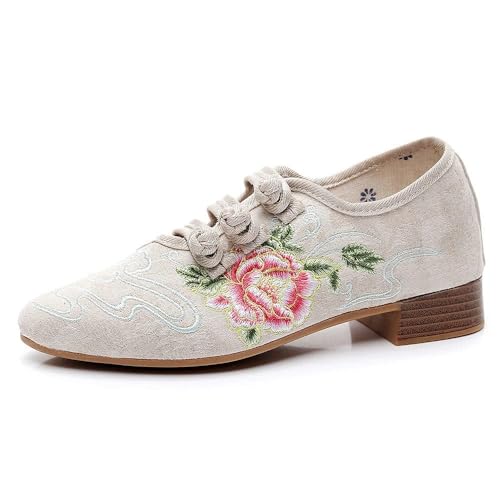 GLETSF Bestickte Schuhe, Spitze Zehenpartie, Derby-Schuhe aus Jacquardstoff, Brogue-Stil, Retro, Elegante Damen, lässiger Komfort, bestickte Baumwolle.Beige-2.5 UK von GLETSF