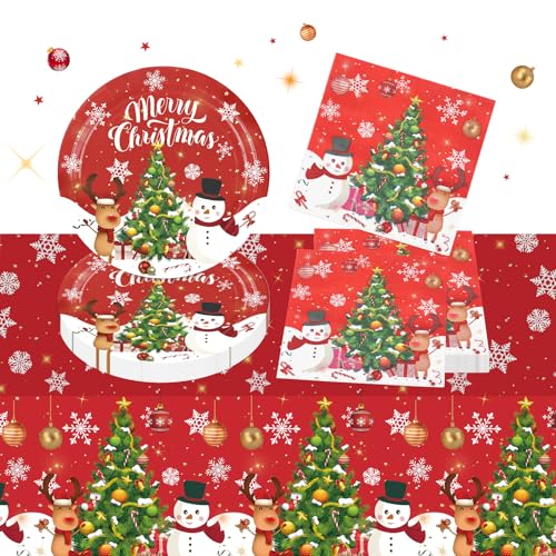 41pcs Weihnachten Papier Geschirr Set, Rot Party Geschirr Dekorationen Einschließlich Tischdecke Servietten Pappteller Xmas Party Tischdekorationen für Jungen Mädchen 20 Gäste (Rot-01) von GLGHMH