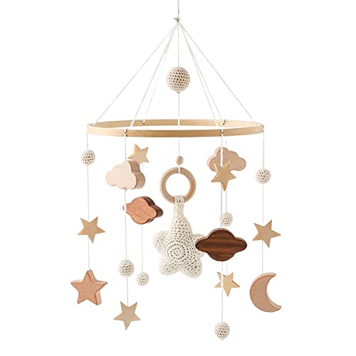 GLITZFAS Babybett Mobile Baby Windspiel, Mobile Baby Holz mit Filzbällen und Wolken Ornament Kinderzimmer Hängende Bettglocke Geschenk für Baby Mädchen oder Jungen, Rassel Spielzeug (Beige A) von GLITZFAS