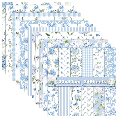 GLKTOPO Doppelseitiger Aquarell-Blumen-Karton, 30,5 x 30,5 cm, 24 Blatt Frühlingsrosa/Blaue Rose, Scrapbook-Papier, hochwertig bedruckt, dekorativ für Bastelkarten, Kunstjournaling, Scrapbooking von GLKTOPO