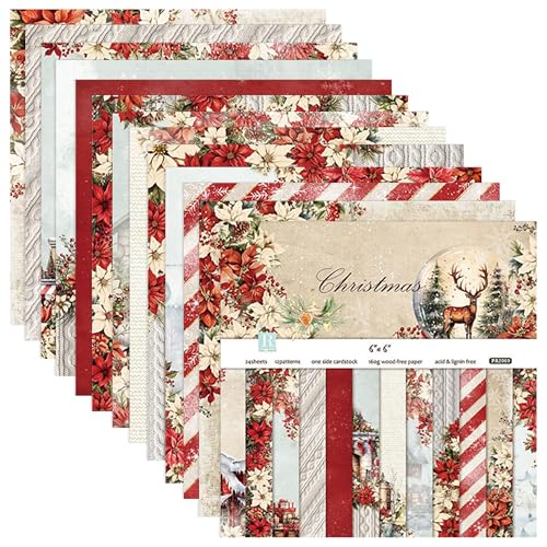 GLKTOPO Weihnachts-Scrapbook Papier, 24 Blatt Vintage Weihnachtsbaum Schneeflocken Blume Stick Dekorative Bastelpapier Pad, 15,2 cm einseitiges Muster für DIY Fotoalbum Kartenherstellung Supplies von GLKTOPO