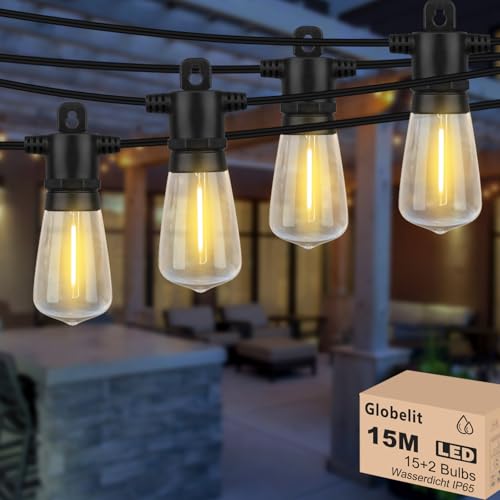 GLOBELIT 15M Lichterkette Außen Strom, Dimmbare 2700K 15+2 Lichterkette Glühbirnen Außen,IP65 Wasserdichte Lichterkette Outdoor Warmweiß für Patio, Hochzeit, Bistro von GLOBELIT