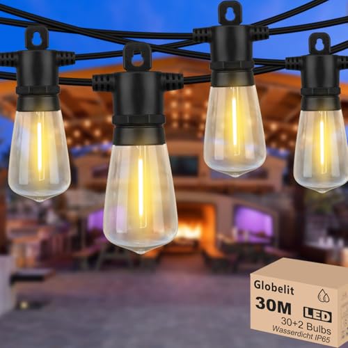 GLOBELIT 30M LED Lichterkette Außen, Outdoor Lichterkette Strom mit 30+2 ST38 Lichterkette Glühbirnen Außen IP65 Wetterfest,100FT Lichterkette Außen 2700K Warmweiß für Patio Hochzeit Veranda von GLOBELIT