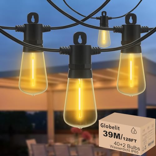 GLOBELIT 39M Led Lichterkette Außen Strom,IP65 Wasserdichte LED Lichterkette Außen, 2700K Garten Lichterkette Warmweiß mit 40+2 LED Glühbirnen Dimmbar für Café, Bistro, Hochzeit, Terrasse von GLOBELIT