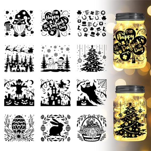 GLOBLELAND 12Pcs Beliebte Festivals Silhouette Glas Aufkleber Laterne Glas Beliebte Festivals Aufkleber Glas Dekor Laterne Laser Silhouette Glas Aufkleber Dekorationen Kunst Wandbild Wohnkultur von GLOBLELAND