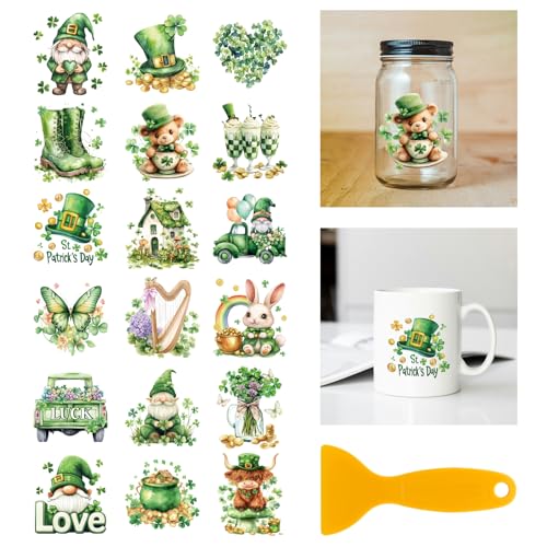 GLOBLELAND 18 Stück Abziehbilder Zum St. Patrick'S Day 3.9x3.6(1) cm Bunte Gnome Kleeblätter Heimaufkleber Blätter Schmetterlinge Kaninchen Tassen Abziehbilder Für Möbel Vasen Glas Kunsthandwerk von GLOBLELAND