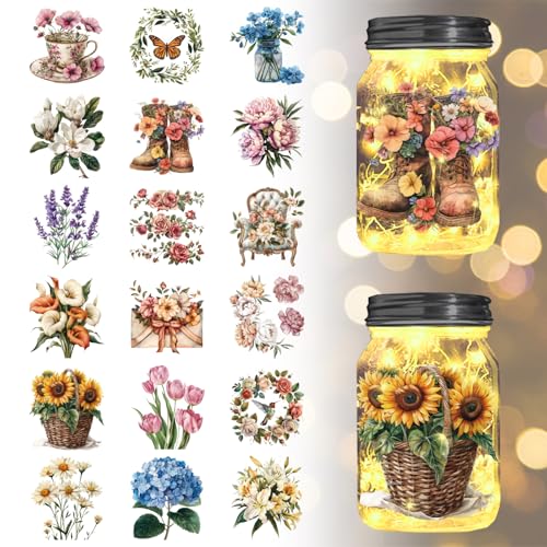 GLOBLELAND 18 Stück Blumen Transfer Aufkleber 3.9x3.6 Zoll Schmetterling Sonnenblume Decals Aufkleber Rose Gänseblümchen Tulpen Rub On Transfer Für Möbel Vase Glas Dekorationen Kunsthandwerk von GLOBLELAND