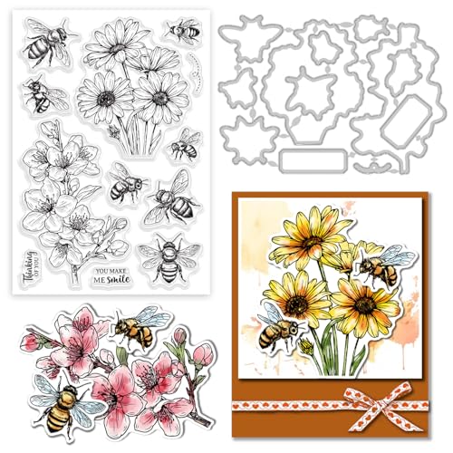 GLOBLELAND 2 Stück Bienenblumen Stempel Und Stanzformen, Silikon Stempelkarten Und Metall Stanzungen Für Die Kartengestaltung Und DIY Prägungen, Scrapbooking von GLOBLELAND