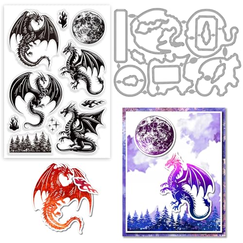 GLOBLELAND 2 Stück Drache Und Mond Stempel Und Stanzformen, Silikon Stempelkarten Und Metall Stanzungen Für Die Kartengestaltung Und DIY Prägungen, Scrapbooking von GLOBLELAND