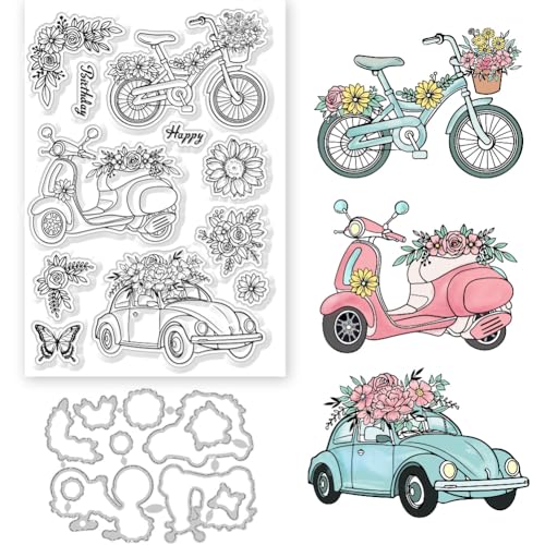 GLOBLELAND 2 Stück Fahrzeug und Blume klare Stempel und Stanzformen Motorrad Fahrrad Blumen Silikon klare Stempel Karten und Metall Stanzformen für Kartenherstellung und DIY Prägung Scrapbooking von GLOBLELAND