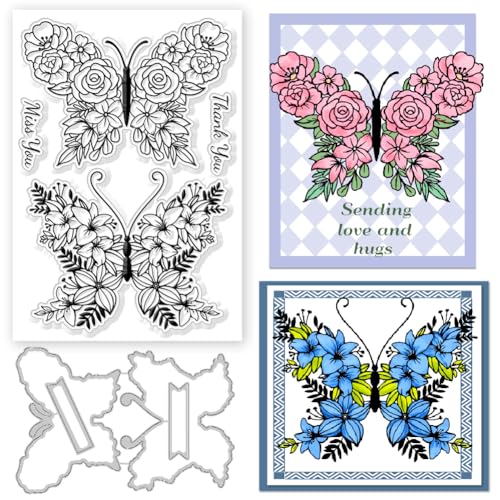 GLOBLELAND 2 Stück Schmetterlingsblumen Transparente Stempel Und Stanzformen Schmetterlingsblumen Silikon Transparente Stempelkarten Und Metallstanzformen Für Die Kartenherstellung von GLOBLELAND