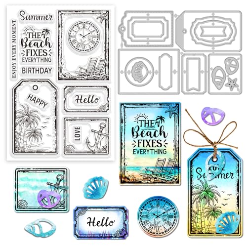 GLOBLELAND 2 Stück Sommer Strand Etikett, Transparente Stempel Und Stanzformen, Silikon Stempel, Karten Und Metall Stanzungen Für Die Kartengestaltung Und DIY Prägungen, Scrapbooking von GLOBLELAND