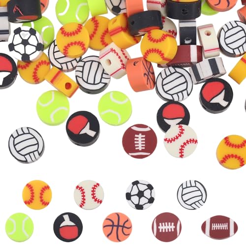 GLOBLELAND 360 Stück 9 Arten Sportball Perlen 10 mm Mini Basketball Tennis Volleyball Baseball Polymer Ton Perlen DIY Bastelperlen Für Schlüsselanhänger, Haarseil, Ohrringe, Armbänder von GLOBLELAND