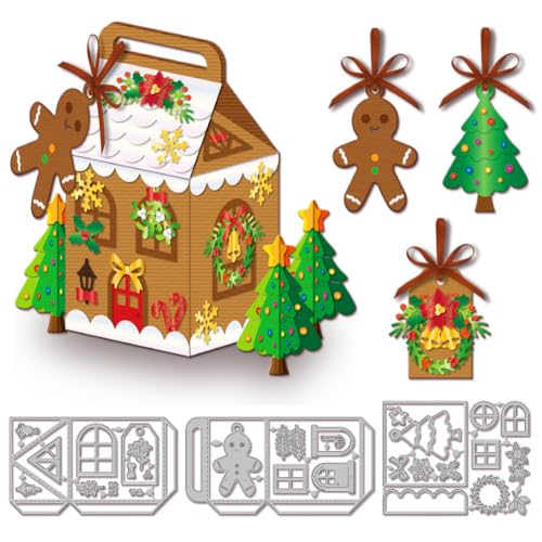 GLOBLELAND 3D Weihnachtshaus Schachtel Stanzschablonen Für Kartenherstellung Weihnachtsbaum Anhänger Rahmen Metall Stanzformen Lebkuchenmann Etiketten Stanzformen Vorlagen Für Scrapbooking von GLOBLELAND