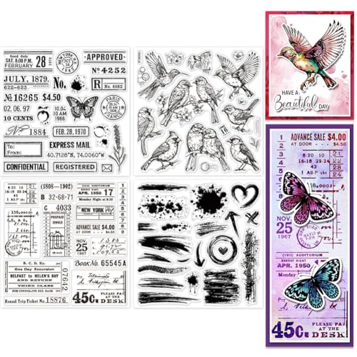 GLOBLELAND 4 Blätter Retro Coding Text Hintergrundklarstempel Für Kartenherstellung Vogel Tinten Silikon Klarstempel Dichtungen Blumen Transparente Stempel Für DIY Scrapbooking von GLOBLELAND