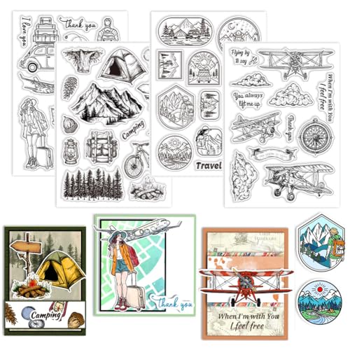 GLOBLELAND 4 Blatt Camping Abenteuer Stempel Zum Basteln von Karten Flugzeug Rucksack Zelt Landschaft Ticket Silikon Stempelsiegel Lady Transparente Stempel Für DIY Scrapbooking Tagebücher von GLOBLELAND