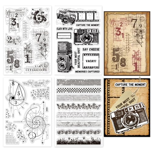 GLOBLELAND 4 Blatt Klare Stempel Mit Retro Hintergrund Zur Kartengestaltung Vintage Kamera Zahlen Symbole Silikon Klarstempel Textur Rand Transparente Stempel Für DIY Scrapbooking von GLOBLELAND