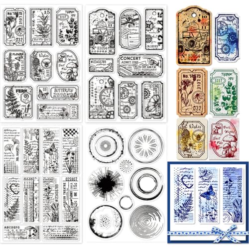 GLOBLELAND 4 Blatt Retro Etikett Transparente Stempel Zur Kartengestaltung Botanisches Etikett Steampunk Ticket Silikon Stempelsiegel Grunge Flecken Hintergrund Transparente Stempel von GLOBLELAND