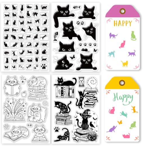 GLOBLELAND 4 Blatt Transparente Stempel „Katze Und Magie“ Für Die Kartenherstellung Katze Und Buch Transparente Silikon Stempelsiegel Transparente Stempel Für DIY Scrapbooking Tagebücher Dekoratives von GLOBLELAND