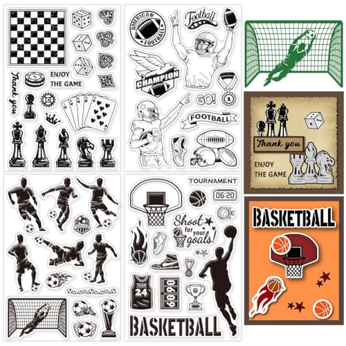 GLOBLELAND 4 Blatt Transparente Stempel Zum Thema Sport Für Heimwerker Scrapbooking Basketball Schach Fußball Rugby Silikon Transparente Stempel Siegel Stempel Für Karten Fotoalbum 6.3×4.33 Zoll von GLOBLELAND