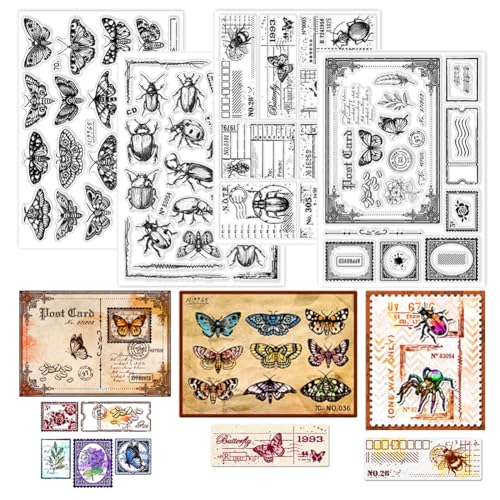 GLOBLELAND 4 Blatt Vintage Postkarten Klarstempel Zur Kartengestaltung Stempelrahmen Silikon Klarstempel Insekten Motten Schmetterling Transparente Stempel Siegel Für DIY Scrapbooking Prägepapier von GLOBLELAND