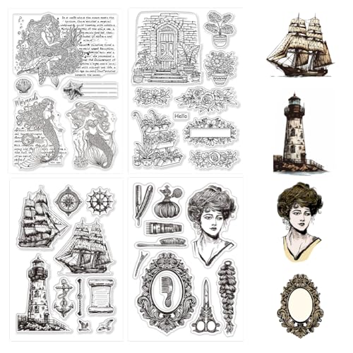 GLOBLELAND 4 Blatt Vintage Stempel Aus Transparentem Silikon Für Die Herstellung von DIY Karten Retro Meerjungfrau Boot Dame Transparenter Silikonstempel Siegel Sommer Ozean Dekorative Klare Stempel von GLOBLELAND