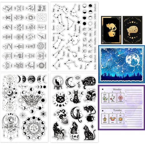 GLOBLELAND 4 Bögen Tarot Karten Clear Stempels Für Kartenherstellung 12 Tierkreiszeichen Silikon Clear Stempel Siegel Magische Katzen Wahrsagung Transparent Stempel Für DIY Scrapbooking von GLOBLELAND