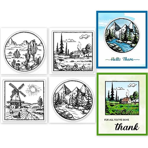 GLOBLELAND 4 Stück Mini Berglandschaft Clear Stamps für DIY Scrapbooking Mini Wald Bäume Fluss Silikon Clear Stamp Seals Transparente Stempel Siegel für Karten Herstellung Fotoalbum Journal von GLOBLELAND