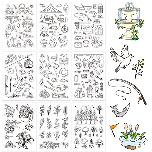 GLOBLELAND 9 Blatt Outdoor Thema Klare Stempel Picknick Camping Angeln Skifahren Tauchen Klettermuster Silikonstempel für Kartenherstellung Dekoration und DIY Scrapbooking von GLOBLELAND