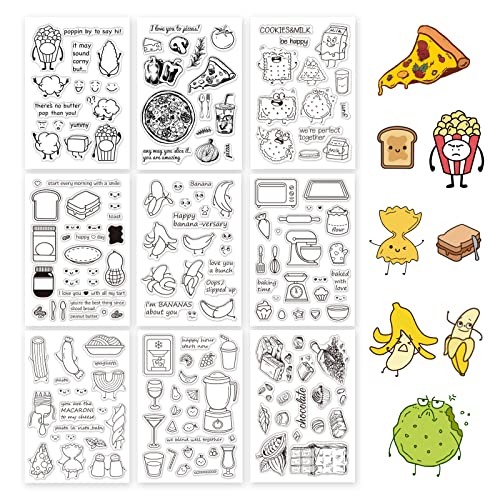 GLOBLELAND 9 Stück Silikonstempel Set Klare Stempel Lebensmittel Transparentes Stempel Popcorn, Pizza, Kekse, Bananen, Nudeln Clear Stamps für Kartenherstellung und DIY Scrapbooking Dekor von GLOBLELAND