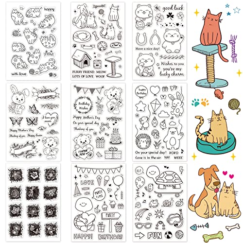 GLOBLELAND 9 Stück Silikonstempel Tiere Klare Stempel Katze, Bär, Hase, Schildkröte Transparentes Stempel Siegel Clear Stamps für Kartenherstellung und DIY Scrapbooking Dekor von GLOBLELAND