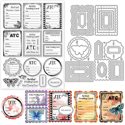 GLOBLELAND ATC Karten Clear Stamps Und Vintage Label Spitzenrahmen Schneidformen Set Für DIY Scrapbooking Kartenherstellung Dekorative Fotobuch Notizbuch von GLOBLELAND