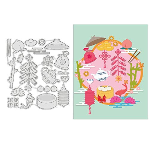 GLOBLELAND Chinesischer Stil Stanzformen Teekannen und Bambus Prägeschablone Form chinesischer Knoten und Laternen Kohlenstoffstahl Stanzform Set für Scrapbooking Karte DIY Handwerk von GLOBLELAND