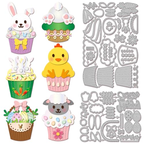 GLOBLELAND Cupcake-Stanzformen aus Metall, Motiv: Oster-Tiere, Hase, Huhn, Eier, Blumenkorb, Prägeschablonen für Scrapbooking, Basteln, Papierkarten von GLOBLELAND