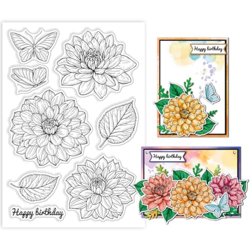 GLOBLELAND Dahlie Silikon Stempel Transparent Schichtung Blumen Und Schmetterlingsstempel „Happy Birthday“ Kartenherstellung Zubehör Für Scrapbooking Kartenherstellung DIY Prägen Journaling von GLOBLELAND