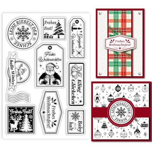 GLOBLELAND Deutsche Weihnachtstext Etiketten Transparente Stempel Weihnachtsmann Schneemann Glocke Tags Silikon Klare Stempelsiegel Transparente Stempel Für DIY Scrapbooking Kartenherstellung von GLOBLELAND