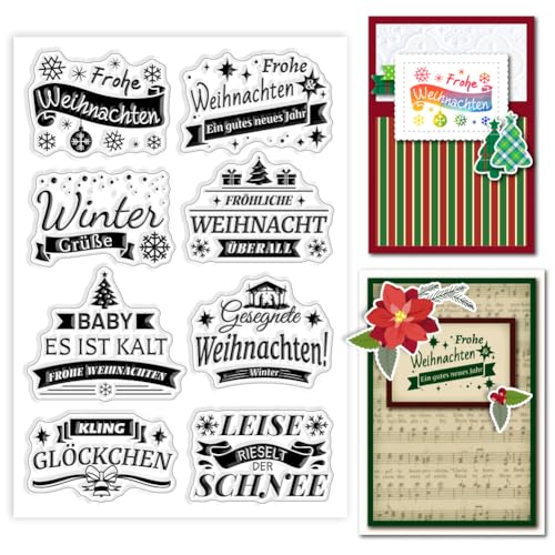 GLOBLELAND Deutscher Weihnachtstext Klare Stempel Weihnachtsbaum Glocken Schneeflocke Silikon Klare Stempel Siegel Bannertext Transparente Stempel Für DIY Scrapbooking Kartenherstellung von GLOBLELAND