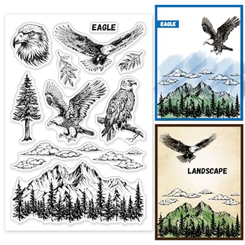 GLOBLELAND Eagle Landschaft Clear Stempels Bergspitze Waldlandschaft Silikon Clear Stempel Siegel Blätter Wolken Transparente Stempel Für DIY Scrapbooking Kartenherstellung von GLOBLELAND