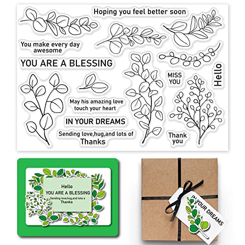 GLOBLELAND Eukalyptus Pflanzenblätter Klare Briefmarken Segen Worte Silikon Klare Stempel Dichtungen für Karten, Die DIY Scrapbooking Foto Journal Album Dekoration Machen von GLOBLELAND