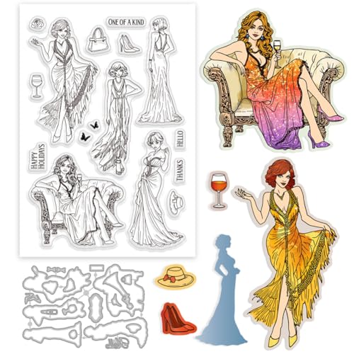 GLOBLELAND Fashion Woman Clear Stamp and Cutting Dies Set for Card Making Elegant Lady Dress Wine Glass Hat Bag Silicone Clear Stamp Metal Butterfly Stanzformen für DIY Scrapbooking Fotoalbum von GLOBLELAND