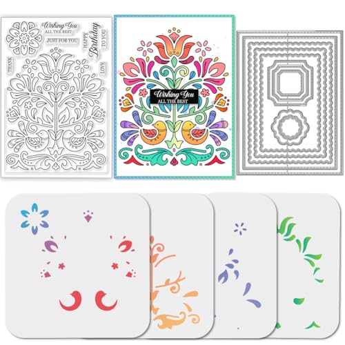 GLOBLELAND Folk Art Pattern Label Hintergrund Stempel Set Rechteckrahmen Metallrahmen Stanzformen Farbschichtung Mandala Blumen PET Farbe Basteln Schablonen für Kartenherstellung DIY Prägung von GLOBLELAND