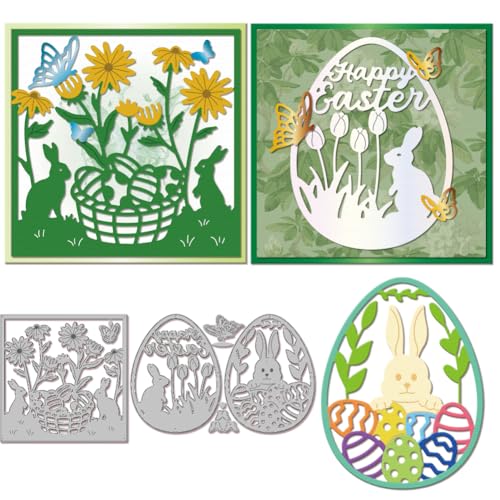 GLOBLELAND Frühling Stanzformen Mit Ostereier Rand Für DIY Scrapbooking Metall Kaninchen Szene Stanzformen Blumen Und Schmetterlingsrahmen Stanzungen Für Kartengestaltung Prägung Fotoalbum Basteldekor von GLOBLELAND