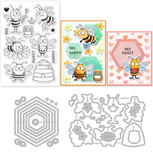 GLOBLELAND Funny Bees Clear Stamp and Cutting Dies Set for Card Making Hive Tags Silicone Clear Stamp Metal Flowers Bee Stanzformen für DIY Scrapbooking Fotoalbum Dekorativ von GLOBLELAND