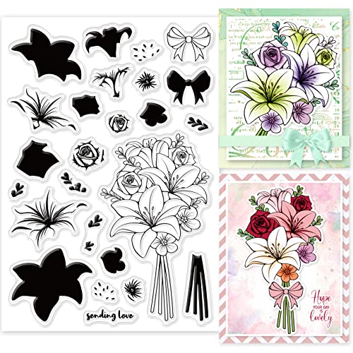 GLOBLELAND Geschichteter Blumenstrauß aus Lilien Klare Briefmarken Schichtung Lilien Blumen Silikon Klare Stempelsiegel für Karten, die DIY Scrapbooking Fotojournal Album von GLOBLELAND