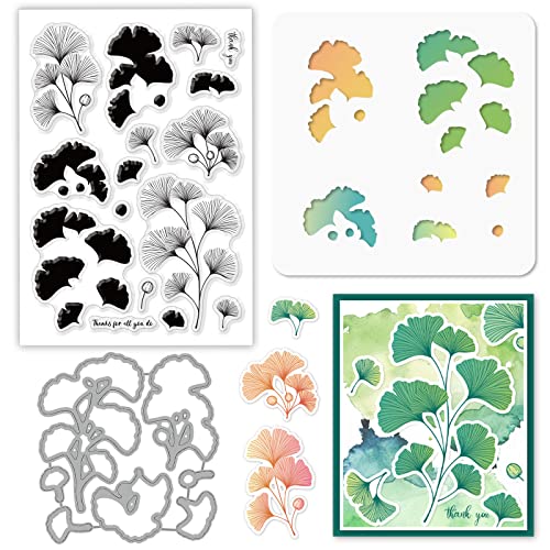 GLOBLELAND Ginkgo Stanzschablonen & klare Stempel & Malschablonen Herbst Ginkgoblätter Prägeschablone Silikonstempel hohle Malerei Schablone Set für Scrapbooking Kartenherstellung DIY Dekoration von GLOBLELAND