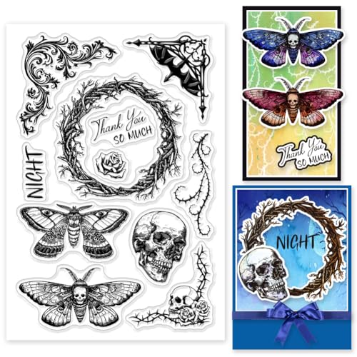 GLOBLELAND Gothic Motiv Klare Silikonstempel Für DIY Kartenherstellung Kranz Eckrahmen Silikon Transparent Siegel Skelett Dekorative Klare Stempel Für Scrapbooking von GLOBLELAND