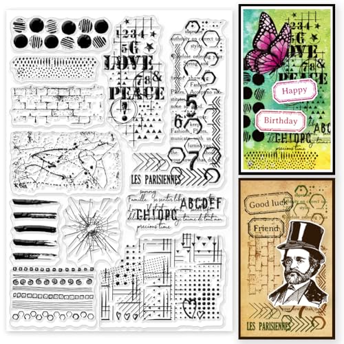 GLOBLELAND Grunge Texturen Hintergrund Klare Stempel für Karten Herstellung numerischer Textlinien Hintergrund Silikon Klar Stempel Siegel 14,7 x 21,1 cm Transparente Stempel für DIY Scrapbooking von GLOBLELAND